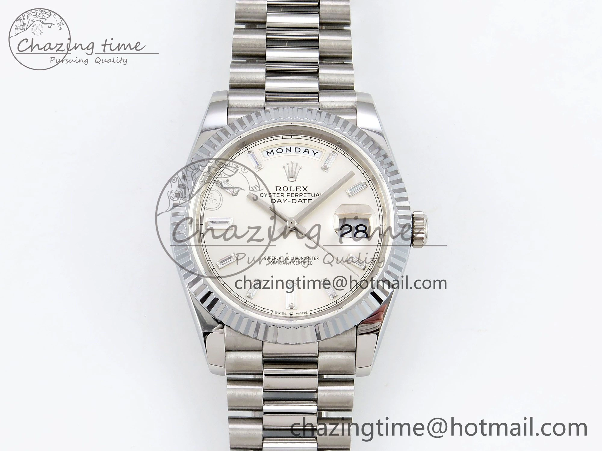 DayDate 40 SS JDF 904L Steel Silver Crystal Dial on President Bracelet VR3255 V3 (Gain Weight)