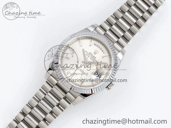 DayDate 40 SS JDF 904L Steel Silver Crystal Dial on President Bracelet VR3255 V3 (Gain Weight)