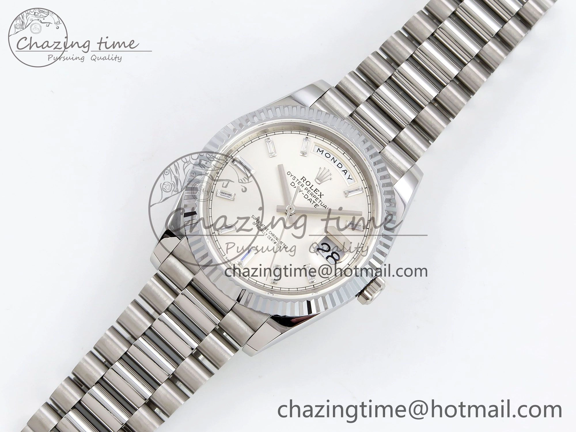 DayDate 40 SS JDF 904L Steel Silver Crystal Dial on President Bracelet VR3255 V3 (Gain Weight)