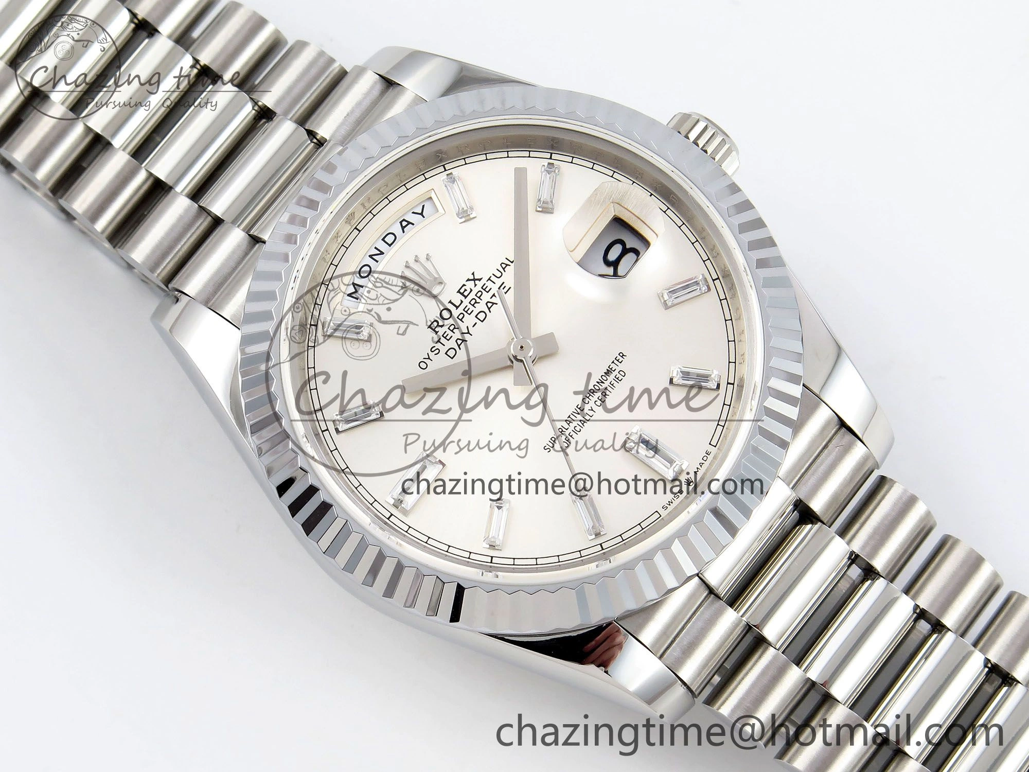 DayDate 40 SS JDF 904L Steel Silver Crystal Dial on President Bracelet VR3255 V3 (Gain Weight)