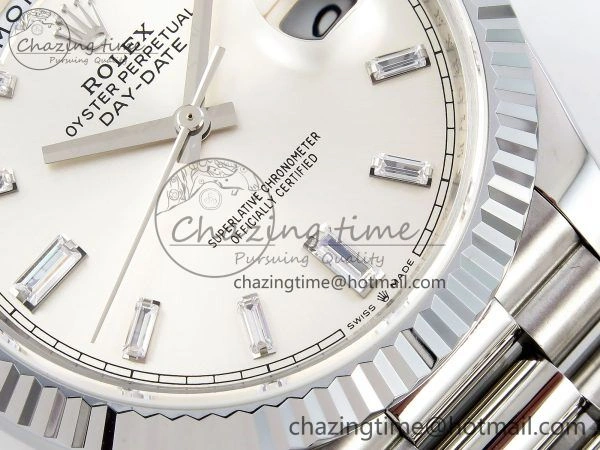 DayDate 40 SS JDF 904L Steel Silver Crystal Dial on President Bracelet VR3255 V3 (Gain Weight)