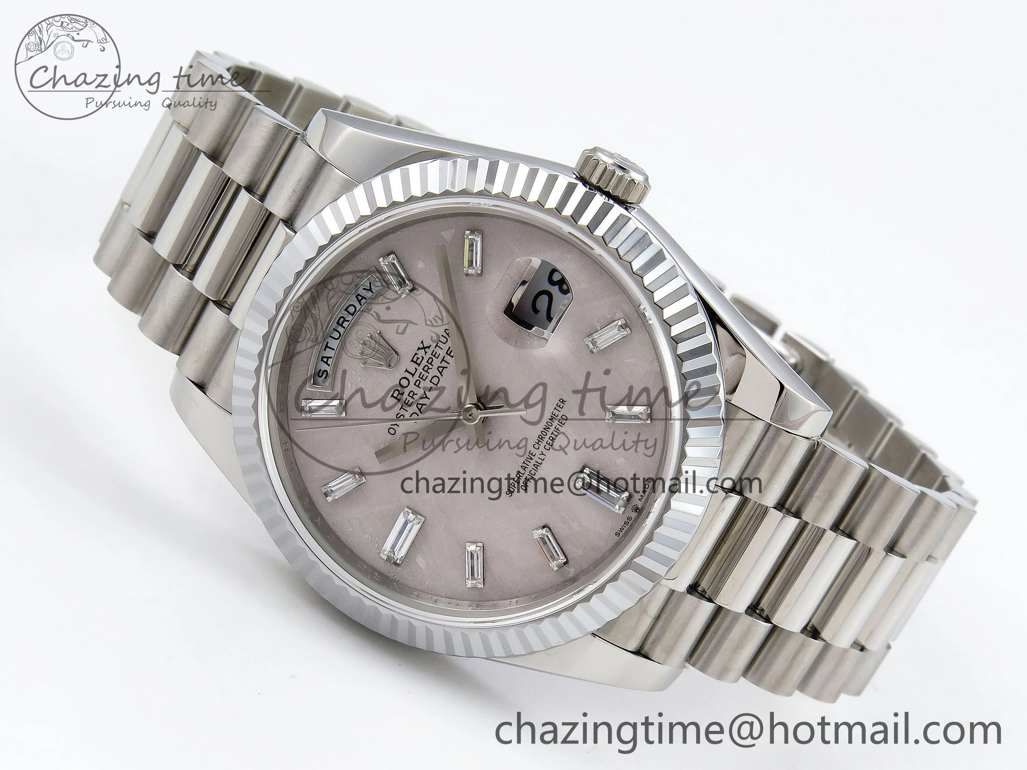 DayDate 40 SS JDF 904L Steel Silver Moon Crystal Dial on President Bracelet VR3255 V3 (Gain Weight)