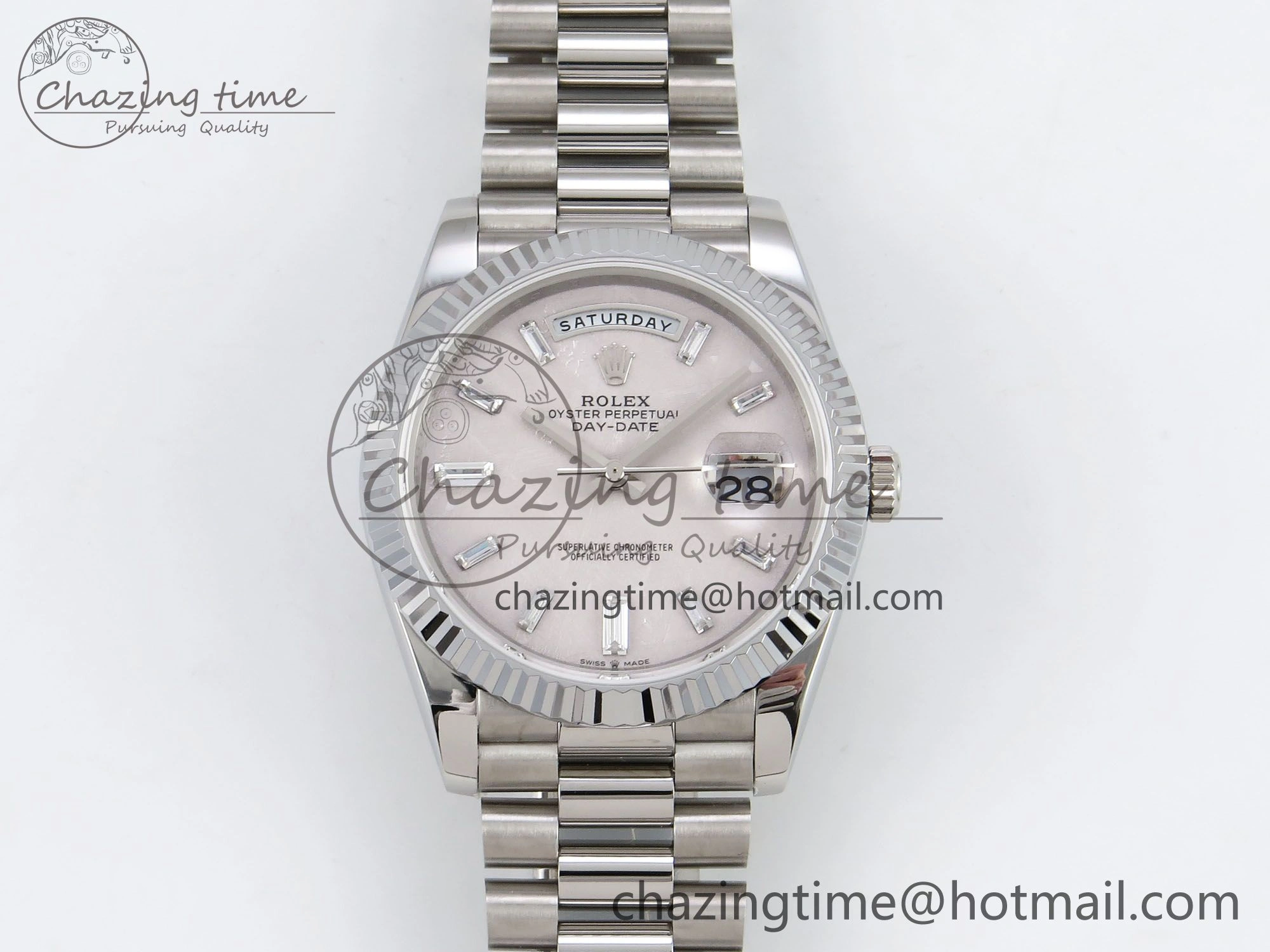DayDate 40 SS JDF 904L Steel Silver Moon Crystal Dial on President Bracelet VR3255 V3 (Gain Weight)