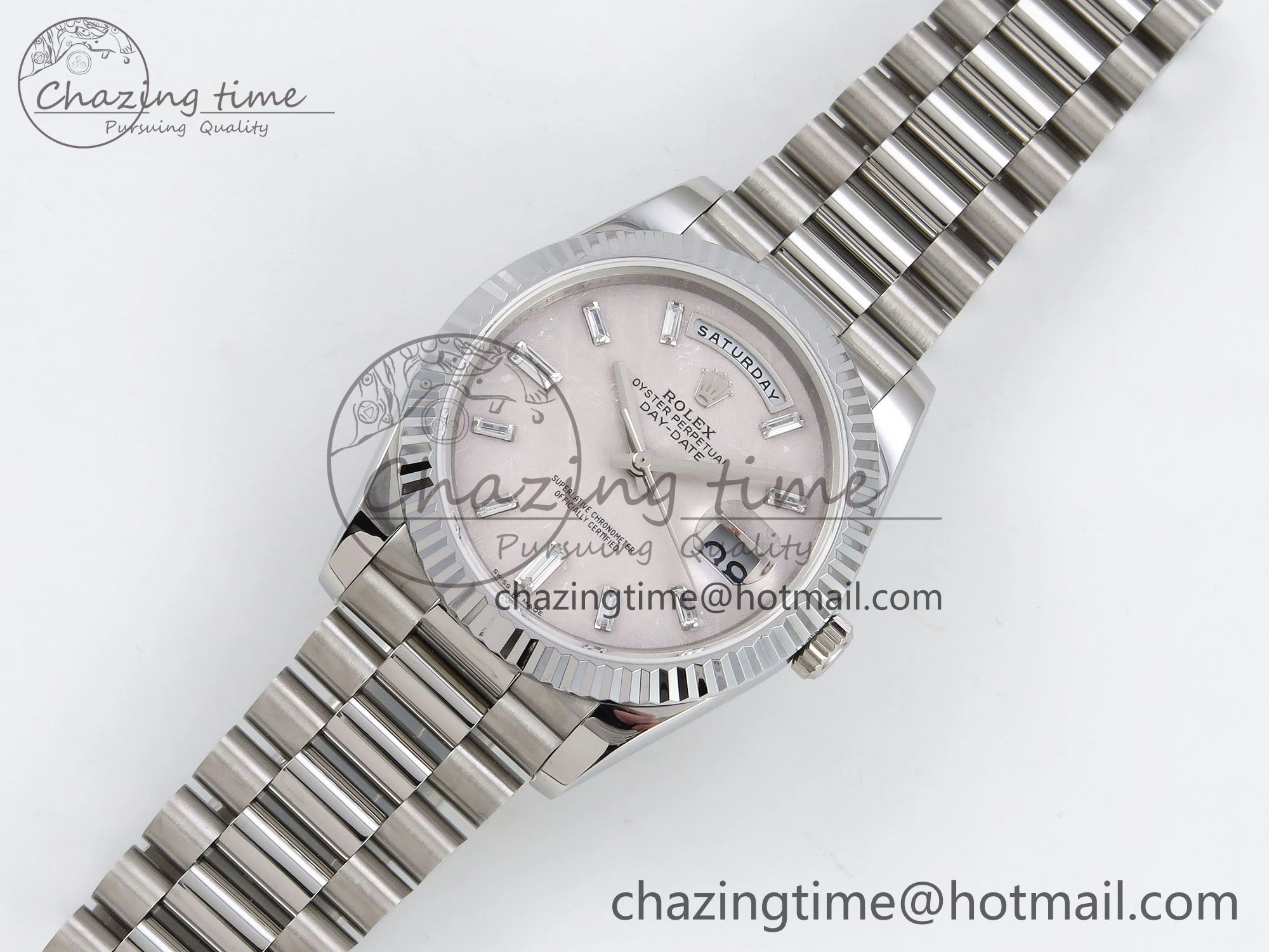 DayDate 40 SS JDF 904L Steel Silver Moon Crystal Dial on President Bracelet VR3255 V3 (Gain Weight)