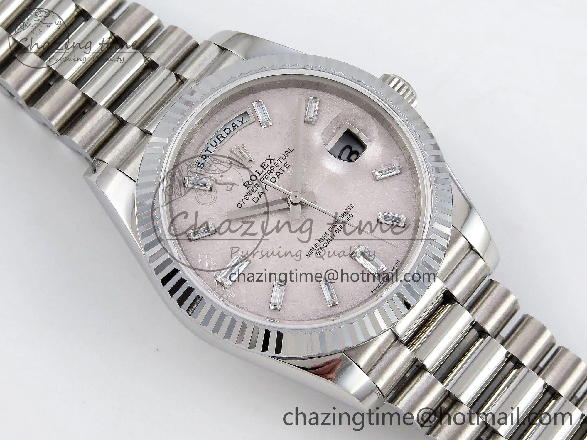 DayDate 40 SS JDF 904L Steel Silver Moon Crystal Dial on President Bracelet VR3255 V3 (Gain Weight)