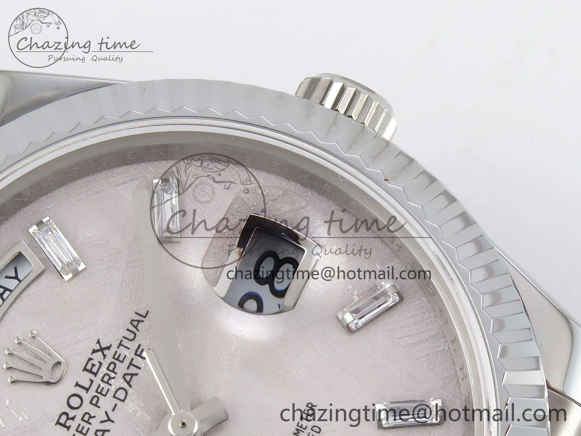 DayDate 40 SS JDF 904L Steel Silver Moon Crystal Dial on President Bracelet VR3255 V3 (Gain Weight)