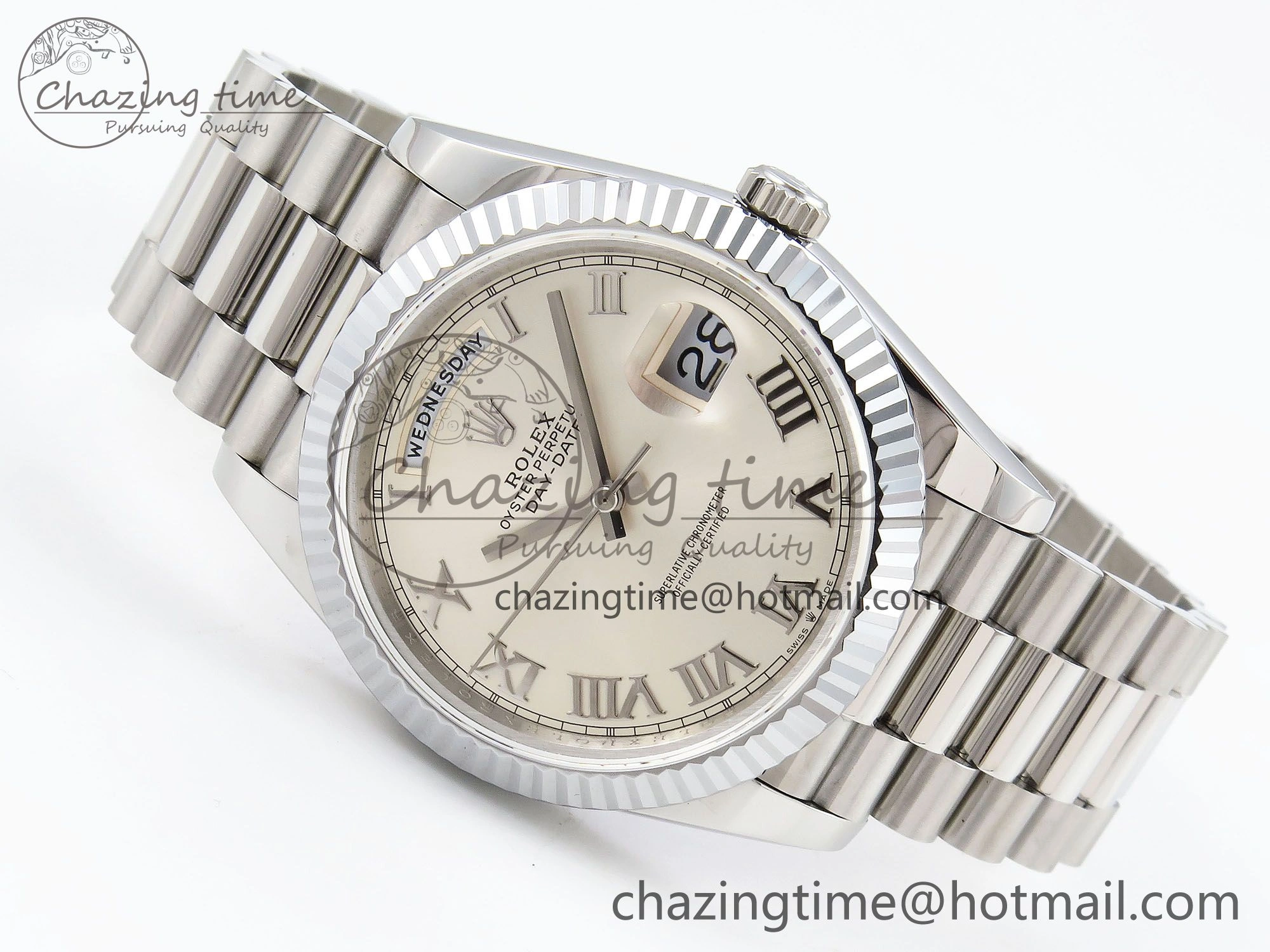 DayDate 40 SS JDF 904L Steel Silver Roman Dial on President Bracelet VR3255 V3 (Gain Weight)