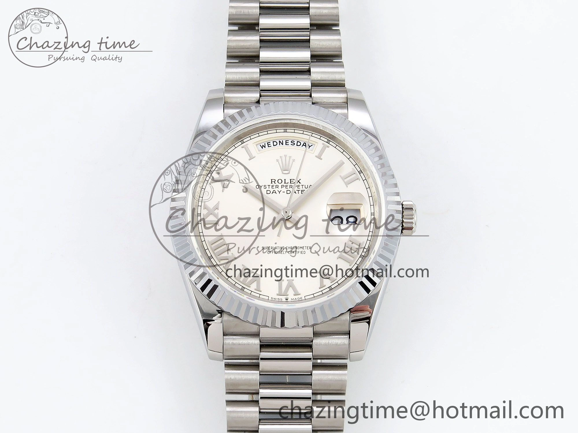 DayDate 40 SS JDF 904L Steel Silver Roman Dial on President Bracelet VR3255 V3 (Gain Weight)