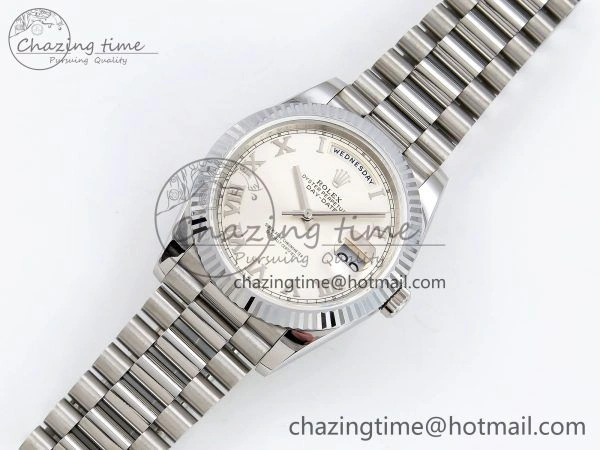 DayDate 40 SS JDF 904L Steel Silver Roman Dial on President Bracelet VR3255 V3 (Gain Weight)