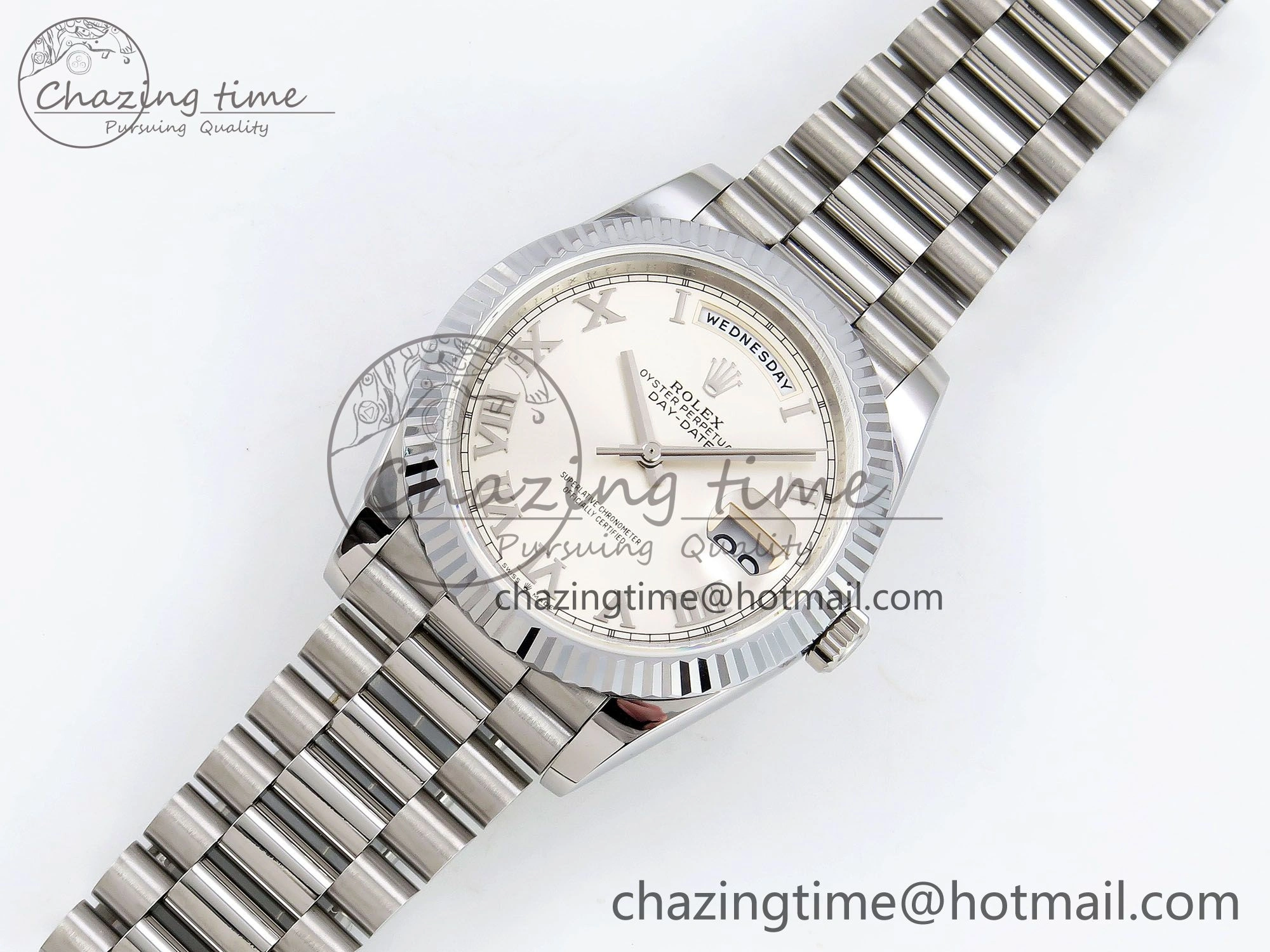 DayDate 40 SS JDF 904L Steel Silver Roman Dial on President Bracelet VR3255 V3 (Gain Weight)
