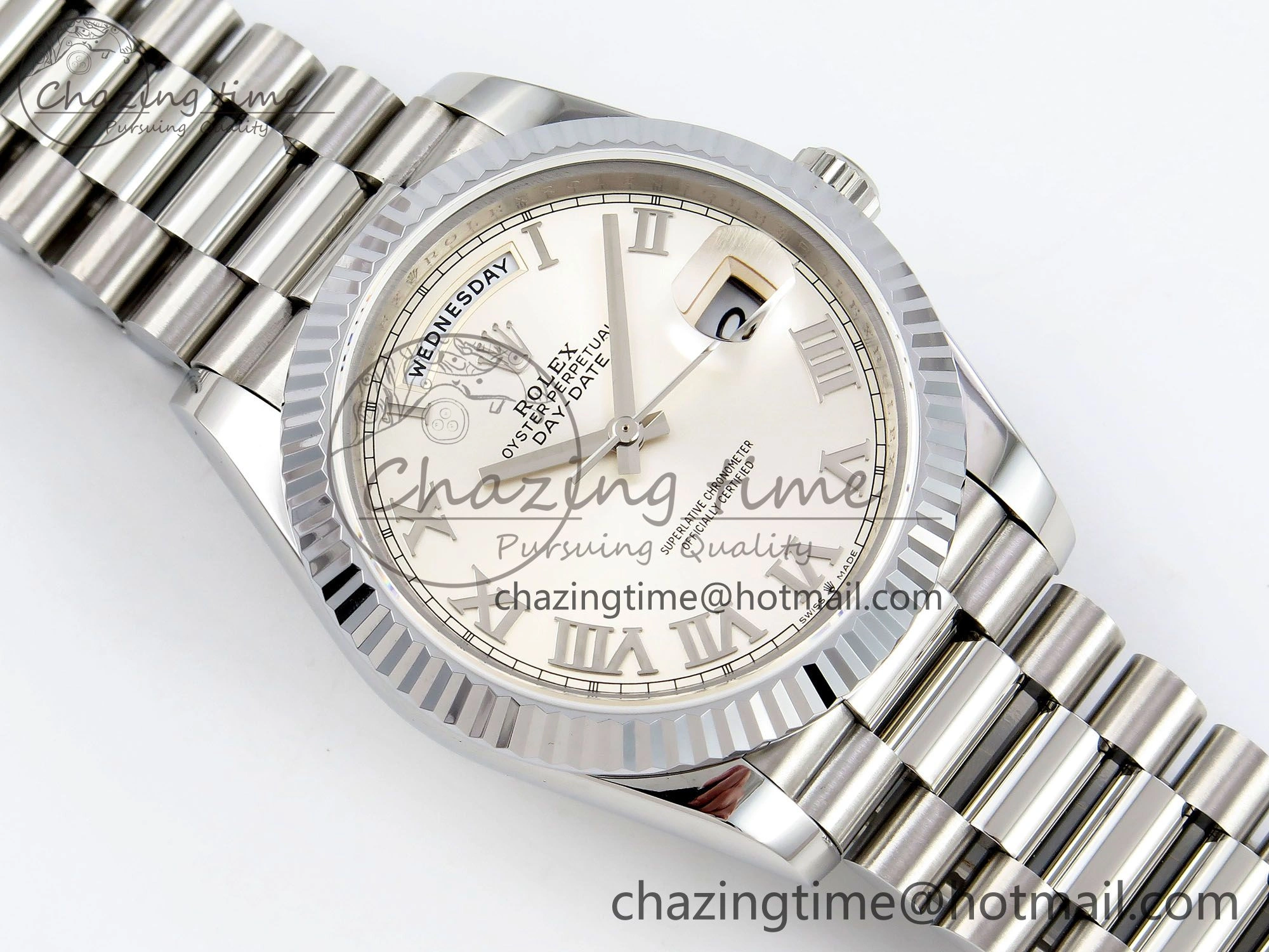 DayDate 40 SS JDF 904L Steel Silver Roman Dial on President Bracelet VR3255 V3 (Gain Weight)