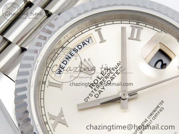 DayDate 40 SS JDF 904L Steel Silver Roman Dial on President Bracelet VR3255 V3 (Gain Weight)