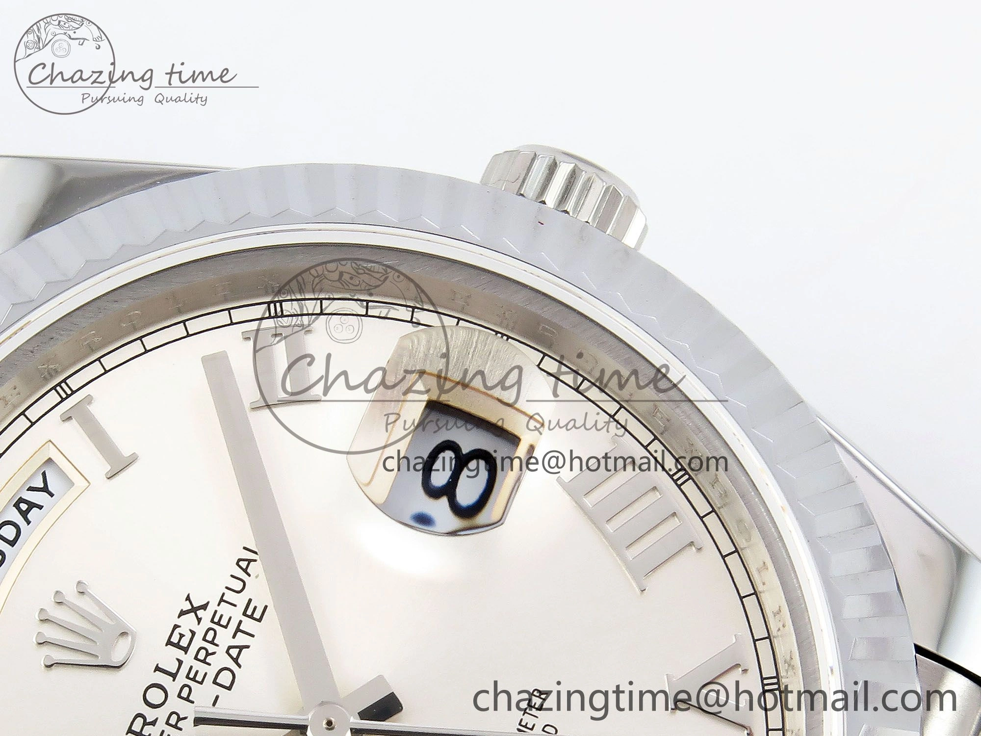 DayDate 40 SS JDF 904L Steel Silver Roman Dial on President Bracelet VR3255 V3 (Gain Weight)