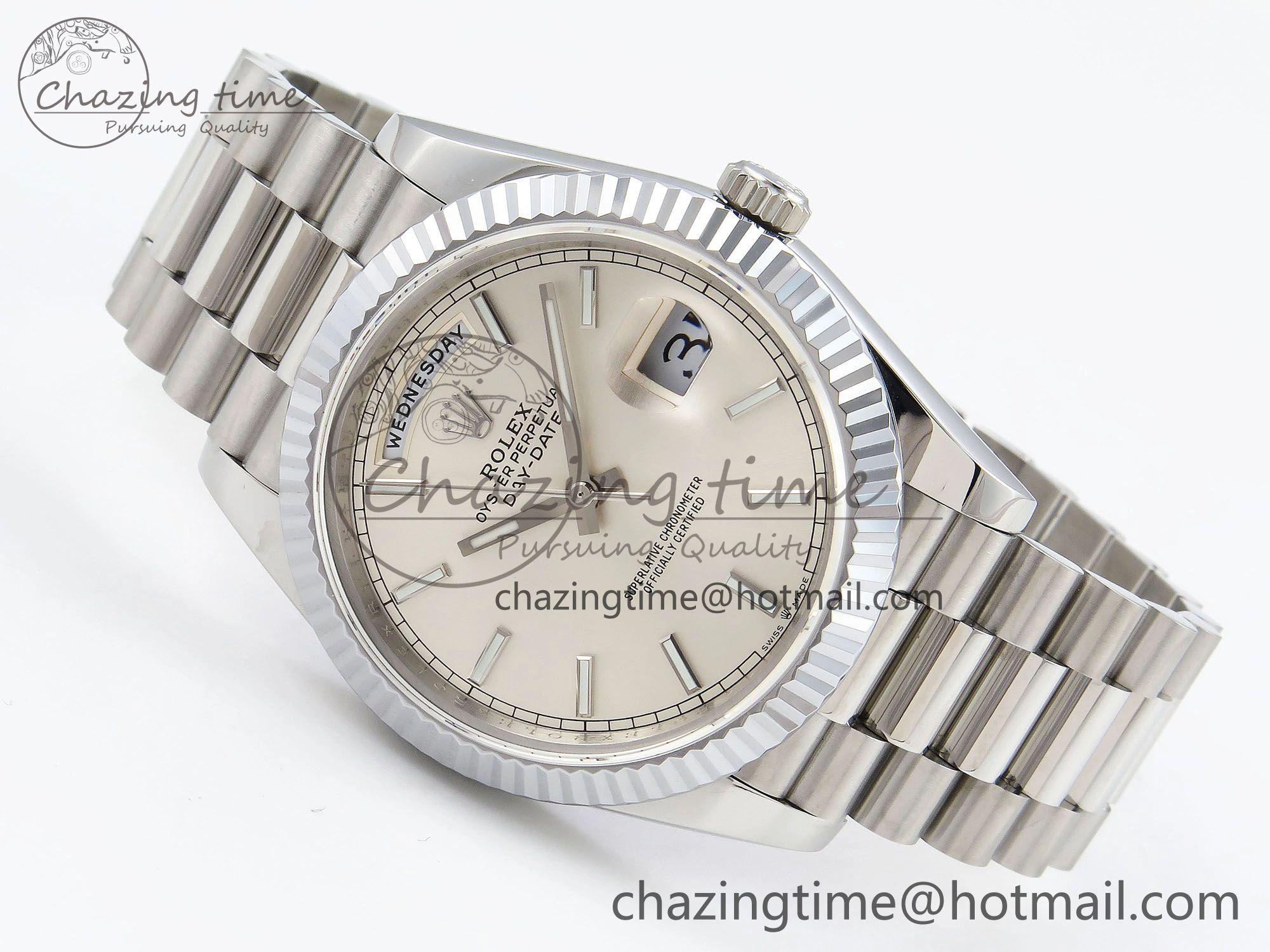 DayDate 40 SS JDF 904L Steel Silver Stick Dial on President Bracelet VR3255 V3 (Gain Weight)