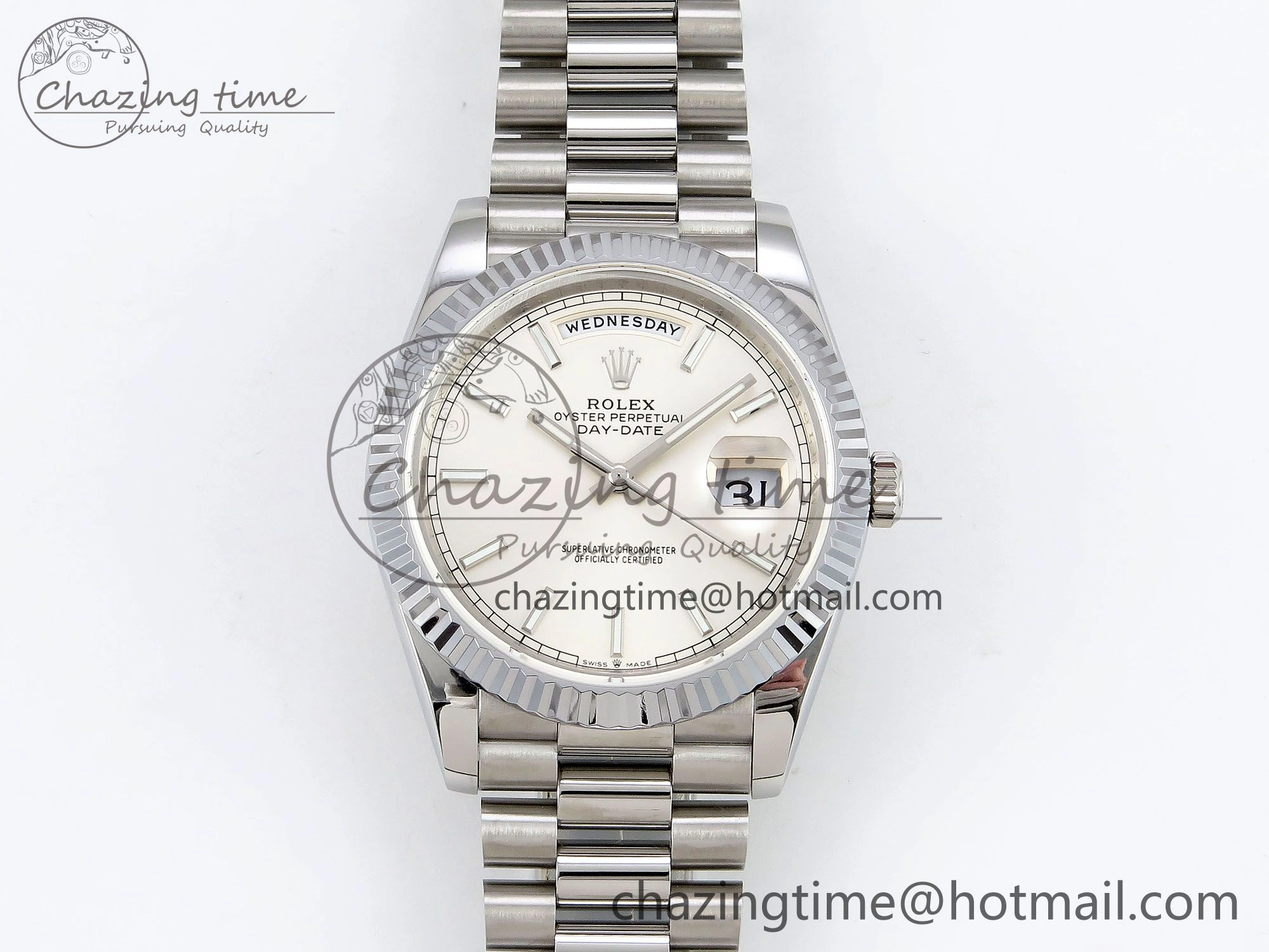 DayDate 40 SS JDF 904L Steel Silver Stick Dial on President Bracelet VR3255 V3 (Gain Weight)
