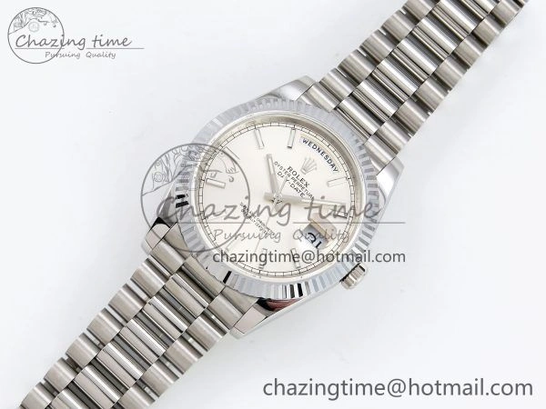 DayDate 40 SS JDF 904L Steel Silver Stick Dial on President Bracelet VR3255 V3 (Gain Weight)