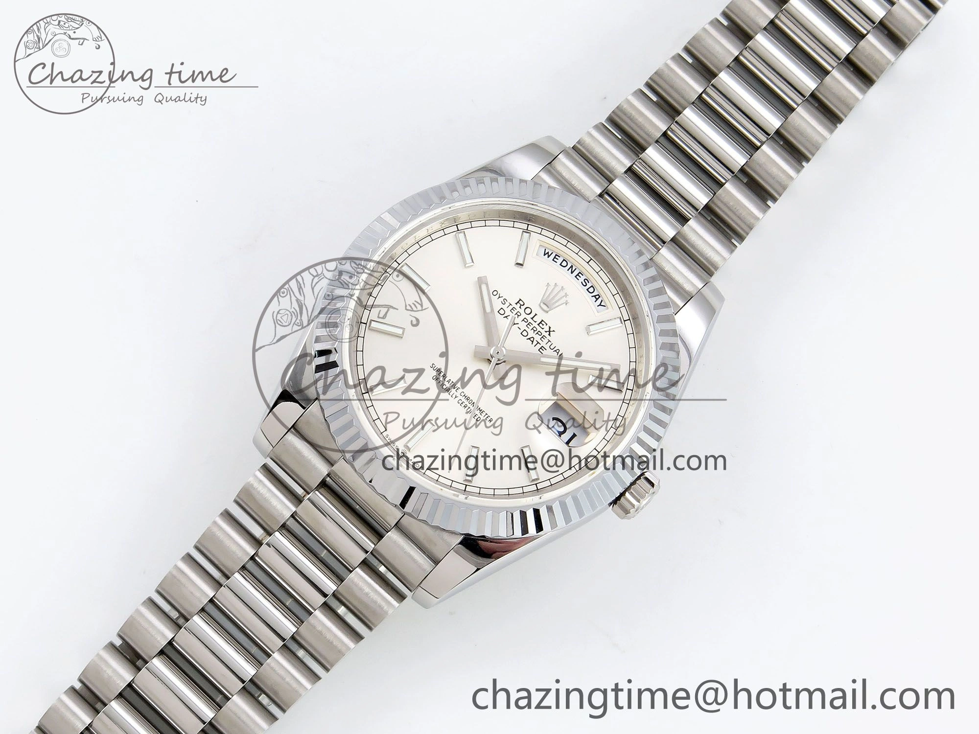DayDate 40 SS JDF 904L Steel Silver Stick Dial on President Bracelet VR3255 V3 (Gain Weight)