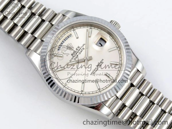 DayDate 40 SS JDF 904L Steel Silver Stick Dial on President Bracelet VR3255 V3 (Gain Weight)