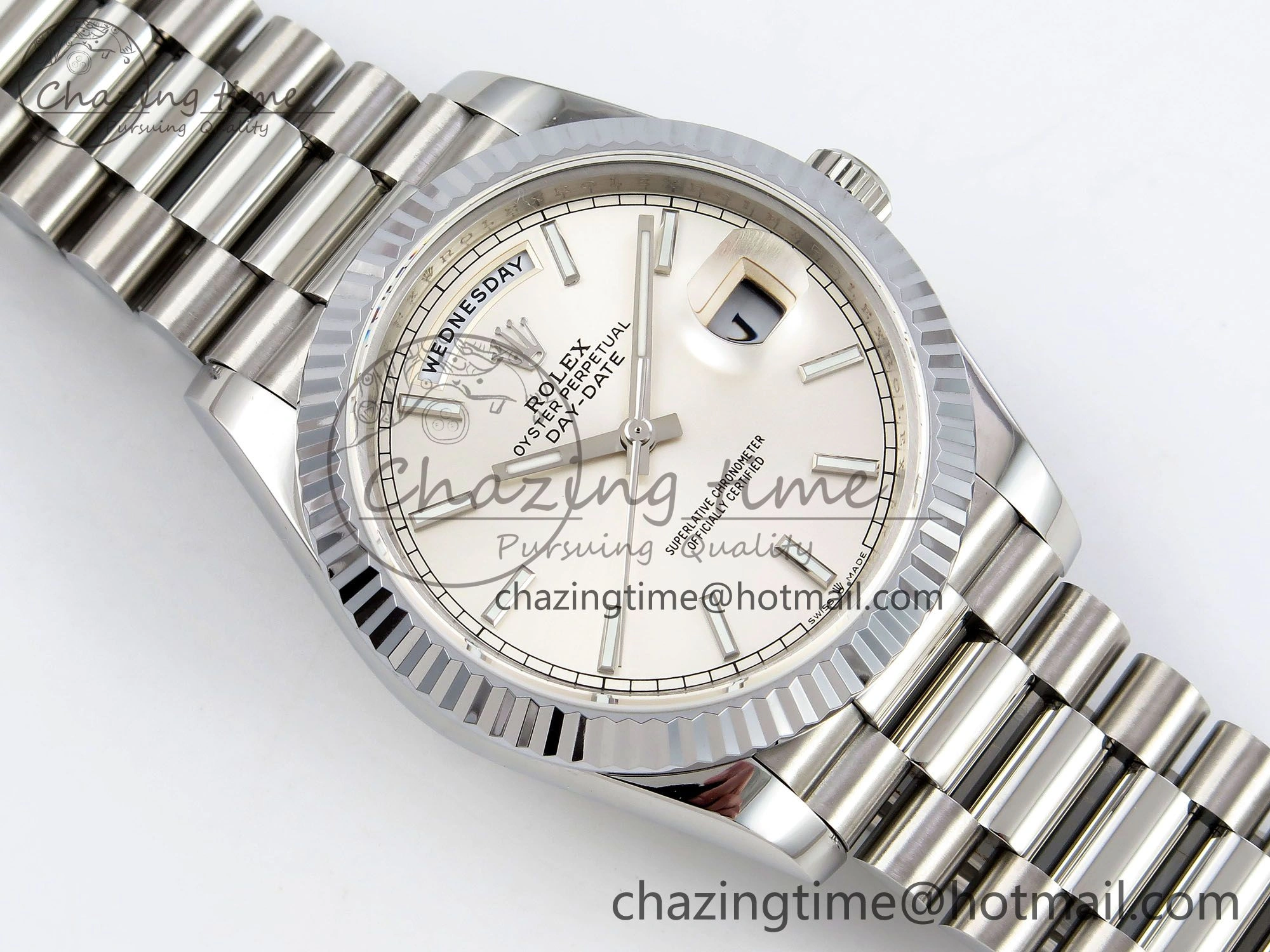 DayDate 40 SS JDF 904L Steel Silver Stick Dial on President Bracelet VR3255 V3 (Gain Weight)