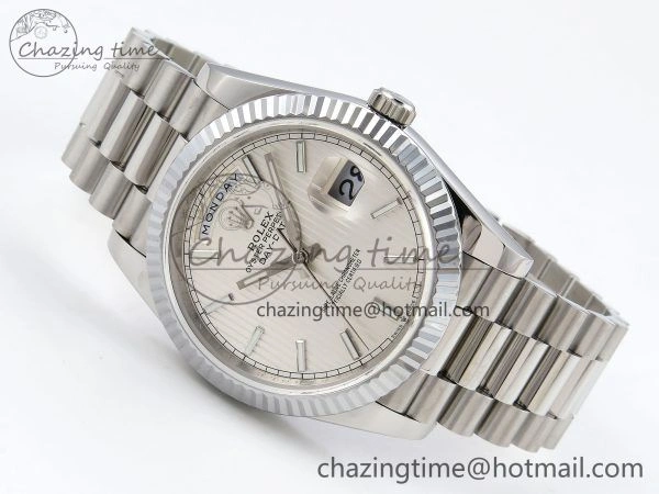 DayDate 40 SS JDF 904L Steel Silver Textured Stick Dial on President Bracelet VR3255 V3 (Gain Weight)