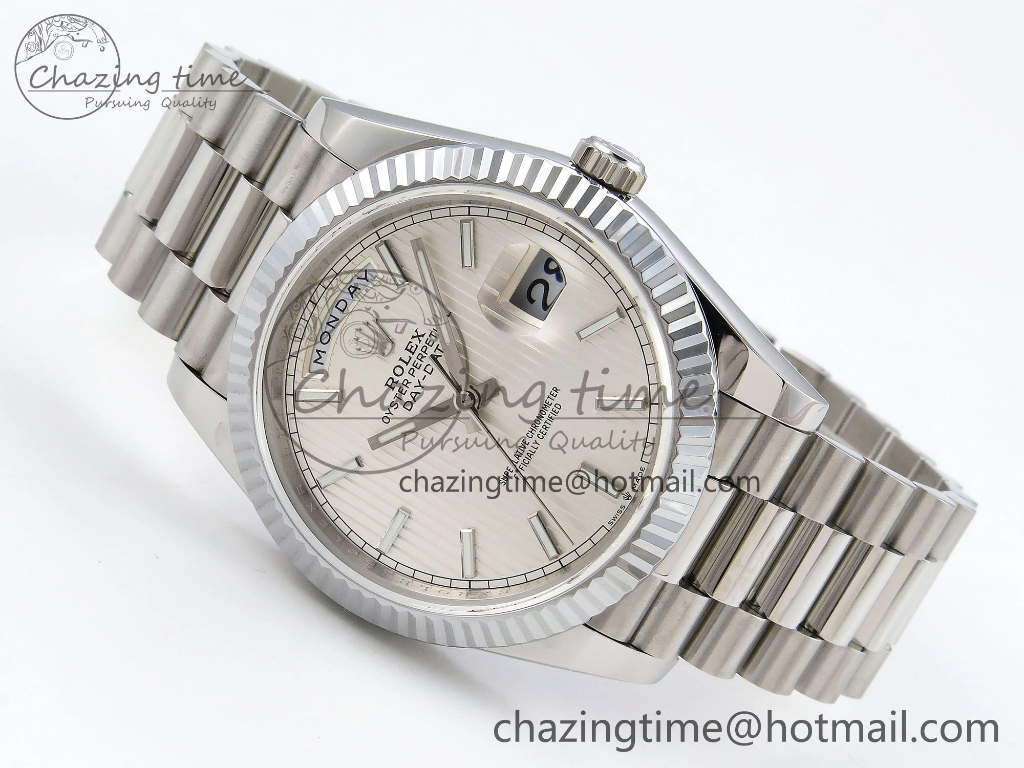 DayDate 40 SS JDF 904L Steel Silver Textured Stick Dial on President Bracelet VR3255 V3 (Gain Weight)