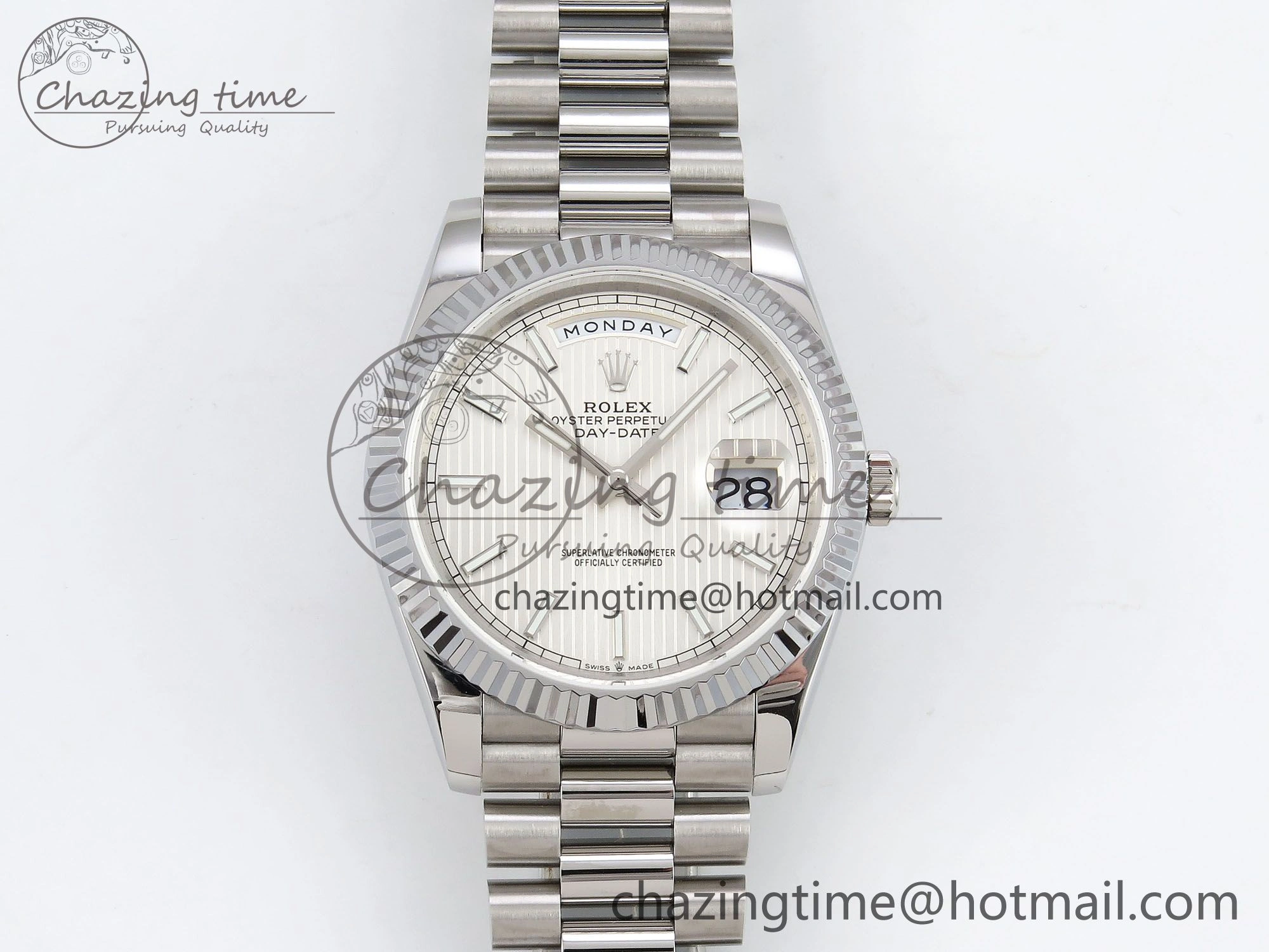 DayDate 40 SS JDF 904L Steel Silver Textured Stick Dial on President Bracelet VR3255 V3 (Gain Weight)