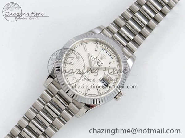 DayDate 40 SS JDF 904L Steel Silver Textured Stick Dial on President Bracelet VR3255 V3 (Gain Weight)