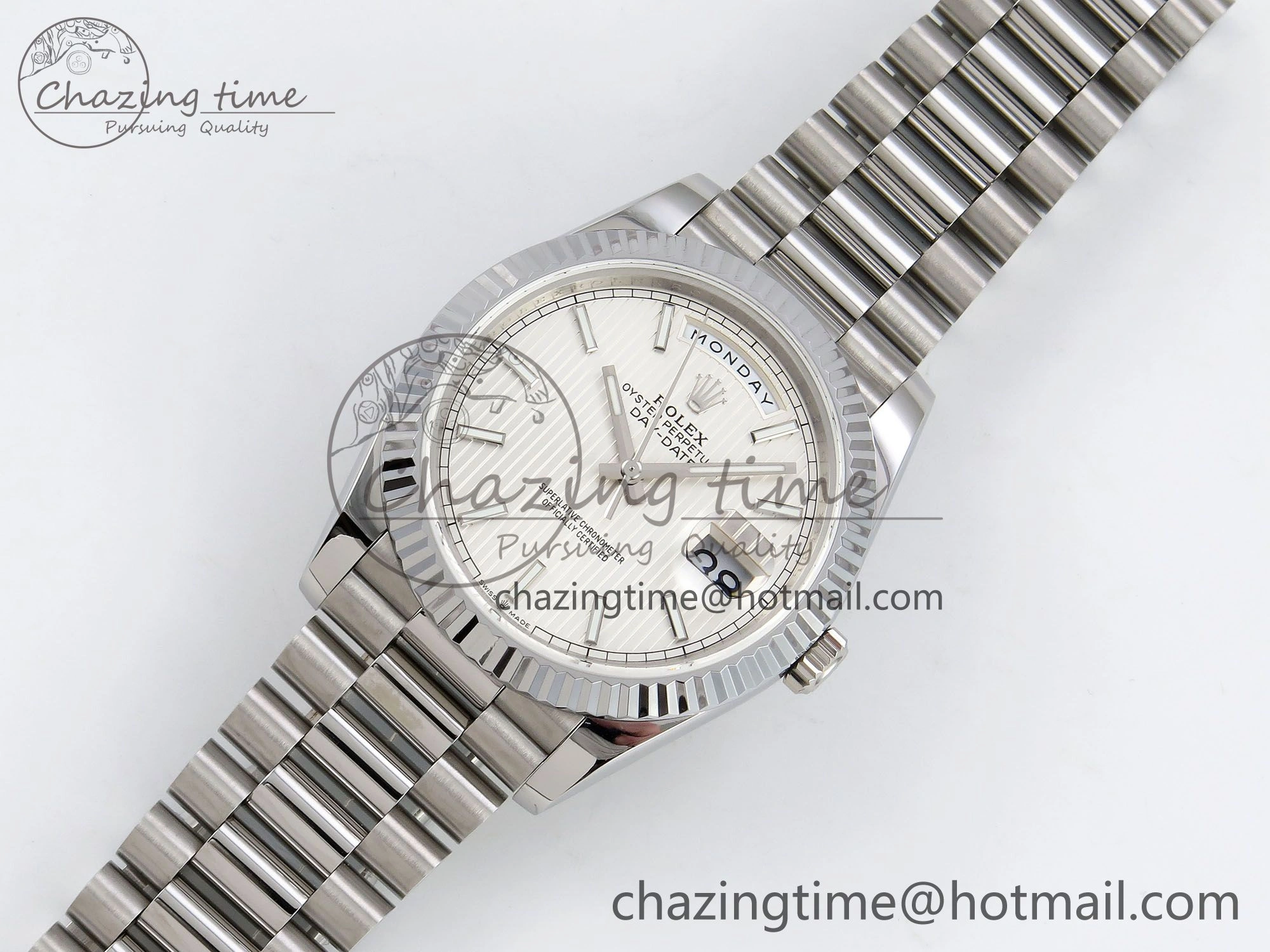 DayDate 40 SS JDF 904L Steel Silver Textured Stick Dial on President Bracelet VR3255 V3 (Gain Weight)