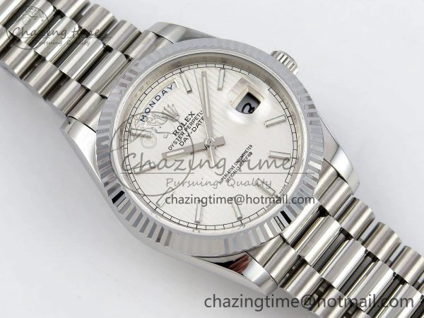 DayDate 40 SS JDF 904L Steel Silver Textured Stick Dial on President Bracelet VR3255 V3 (Gain Weight)