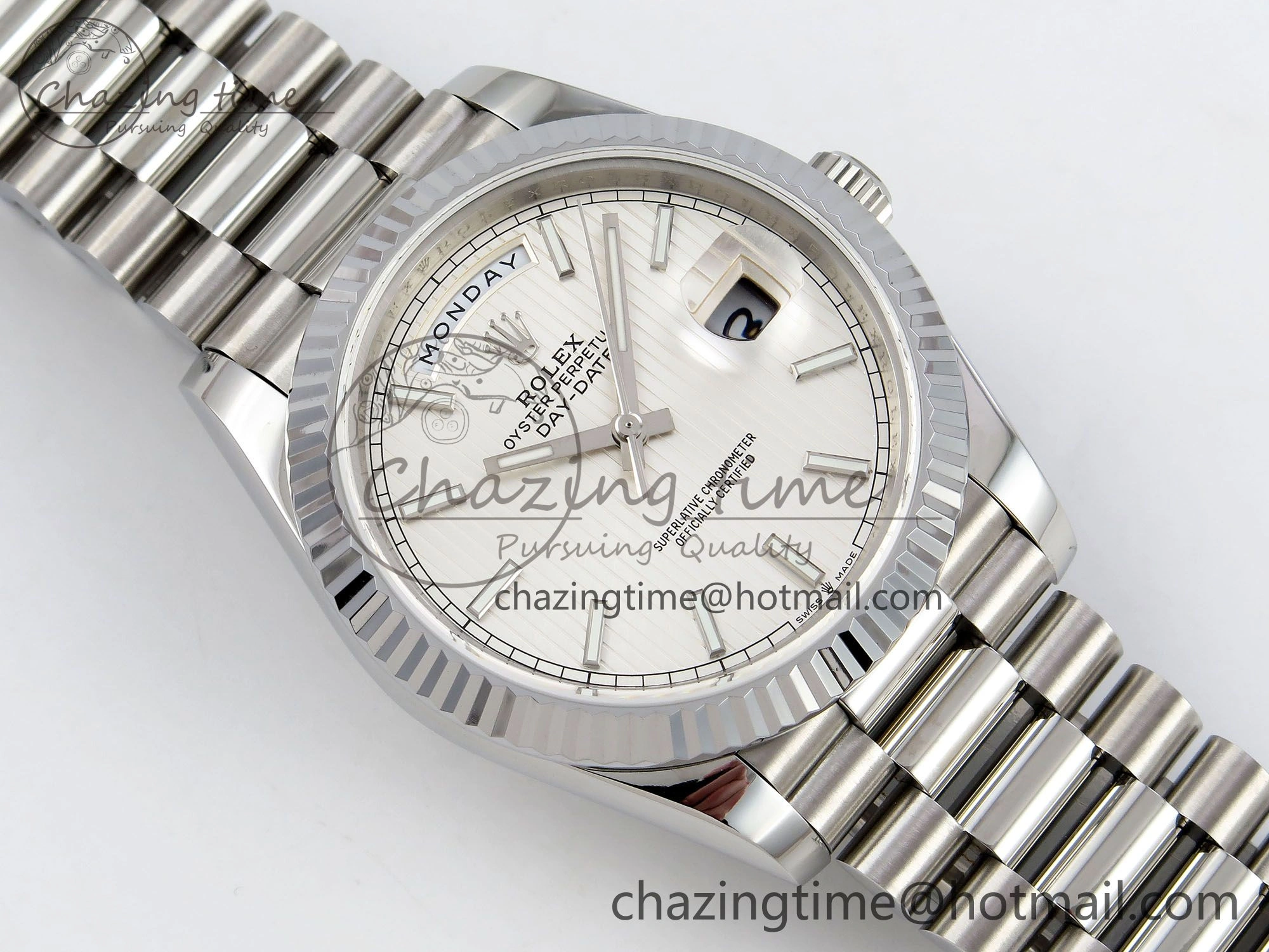 DayDate 40 SS JDF 904L Steel Silver Textured Stick Dial on President Bracelet VR3255 V3 (Gain Weight)