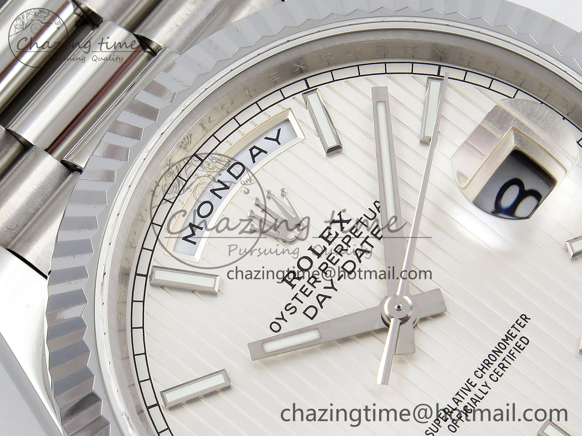 DayDate 40 SS JDF 904L Steel Silver Textured Stick Dial on President Bracelet VR3255 V3 (Gain Weight)