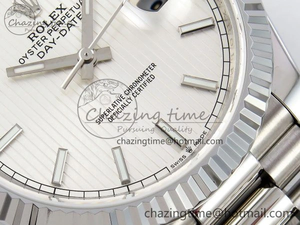 DayDate 40 SS JDF 904L Steel Silver Textured Stick Dial on President Bracelet VR3255 V3 (Gain Weight)