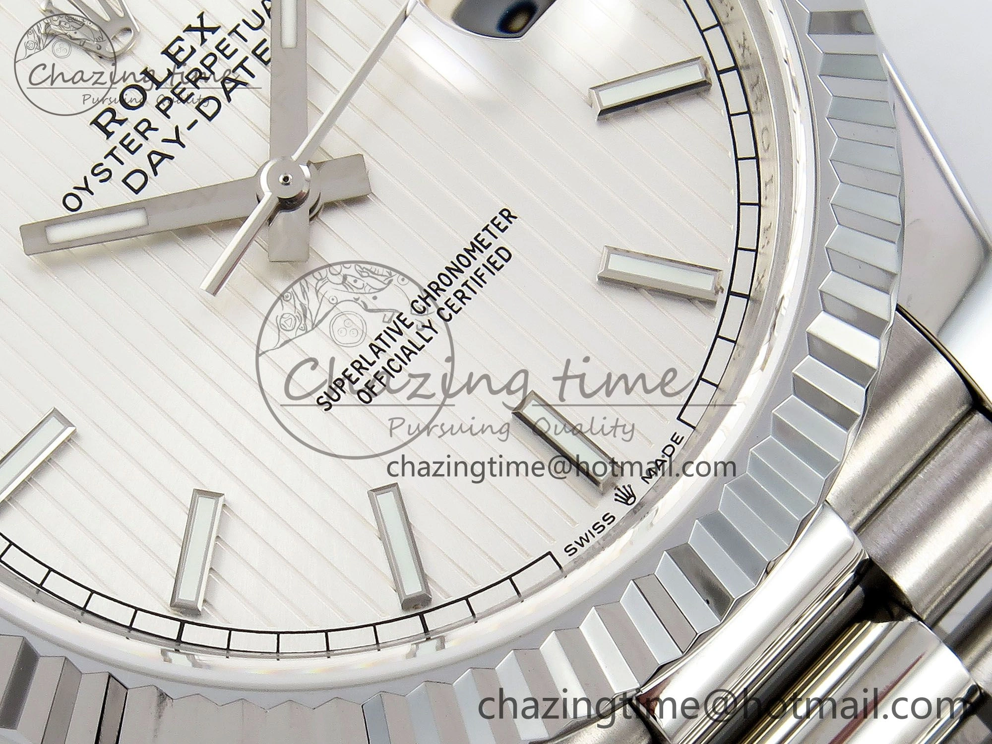 DayDate 40 SS JDF 904L Steel Silver Textured Stick Dial on President Bracelet VR3255 V3 (Gain Weight)