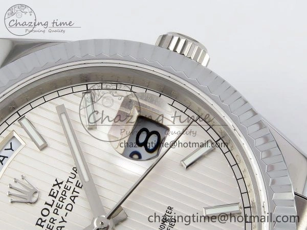DayDate 40 SS JDF 904L Steel Silver Textured Stick Dial on President Bracelet VR3255 V3 (Gain Weight)