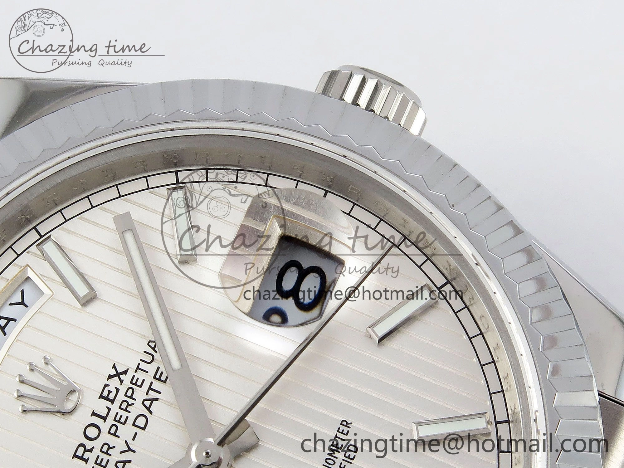 DayDate 40 SS JDF 904L Steel Silver Textured Stick Dial on President Bracelet VR3255 V3 (Gain Weight)