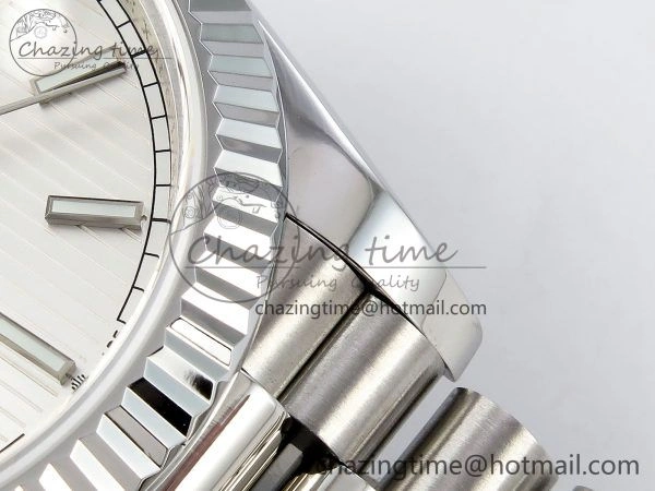 DayDate 40 SS JDF 904L Steel Silver Textured Stick Dial on President Bracelet VR3255 V3 (Gain Weight)