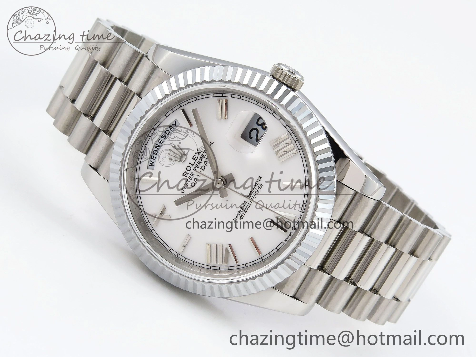 DayDate 40 SS JDF 904L Steel White Big Roman Dial on President Bracelet VR3255 V3 (Gain Weight)