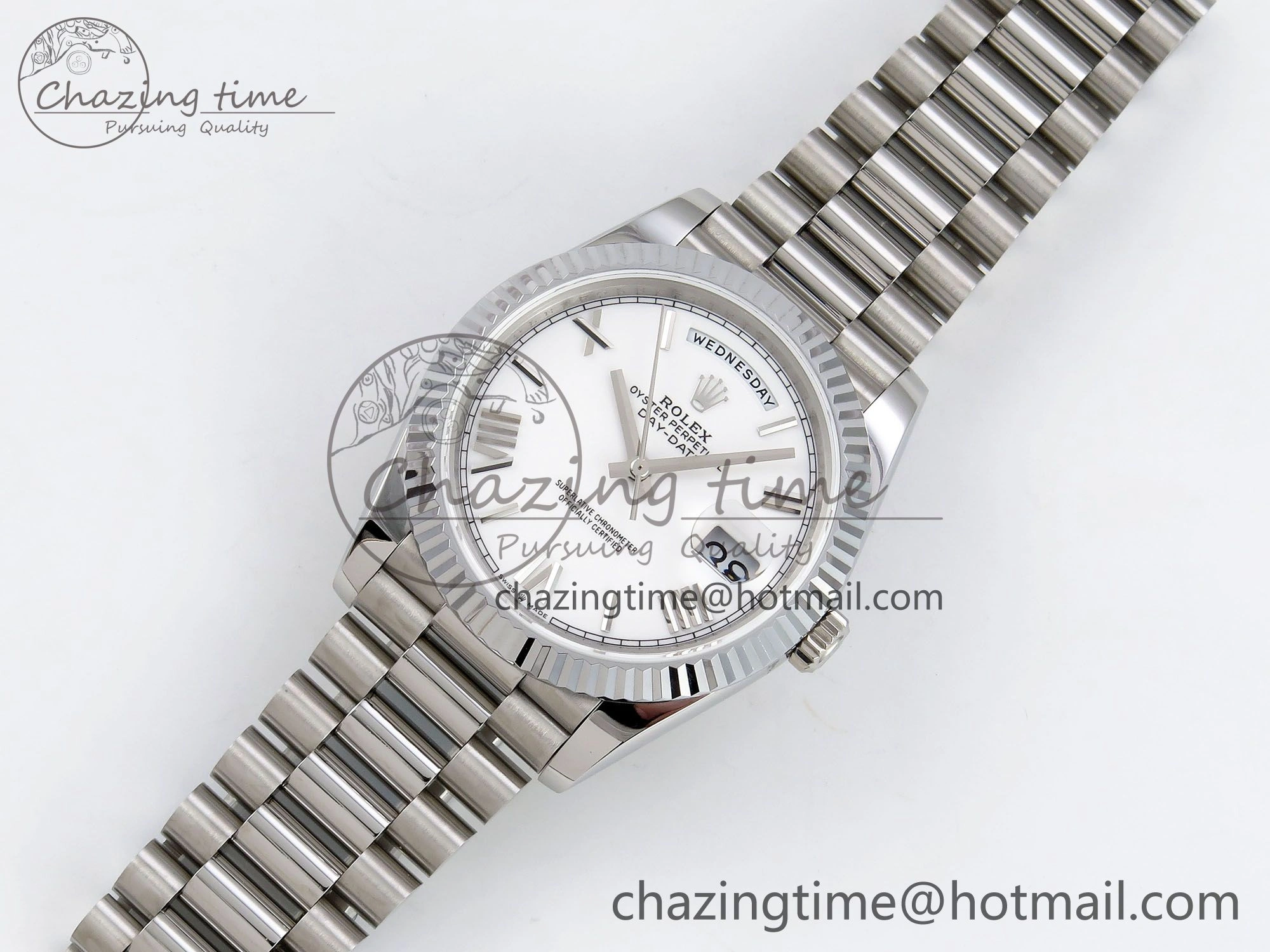 DayDate 40 SS JDF 904L Steel White Big Roman Dial on President Bracelet VR3255 V3 (Gain Weight)