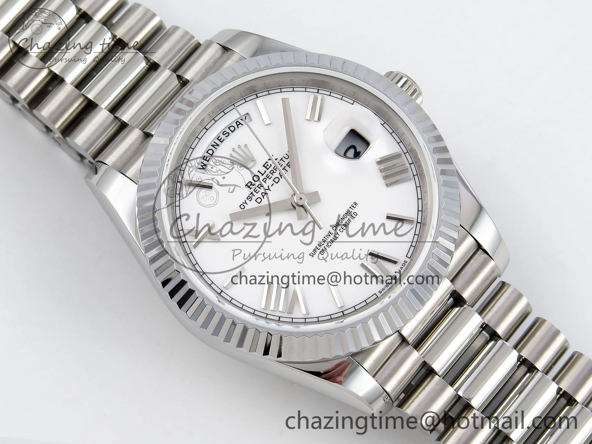 DayDate 40 SS JDF 904L Steel White Big Roman Dial on President Bracelet VR3255 V3 (Gain Weight)