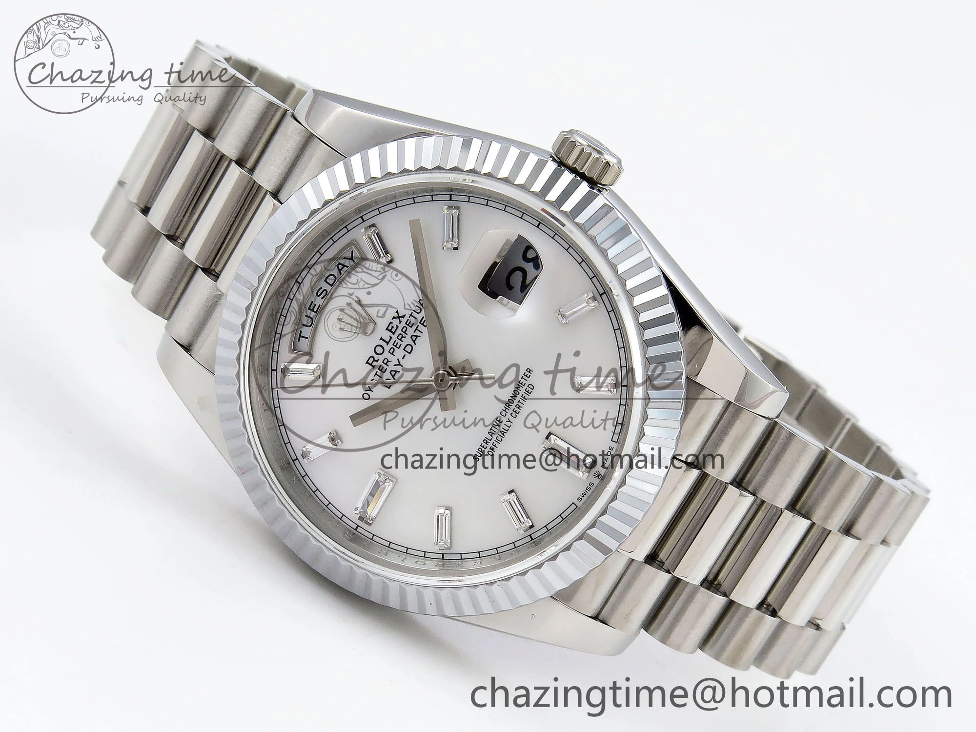 DayDate 40 SS JDF 904L Steel White MOP Crystal Dial on President Bracelet VR3255 V3 (Gain Weight)
