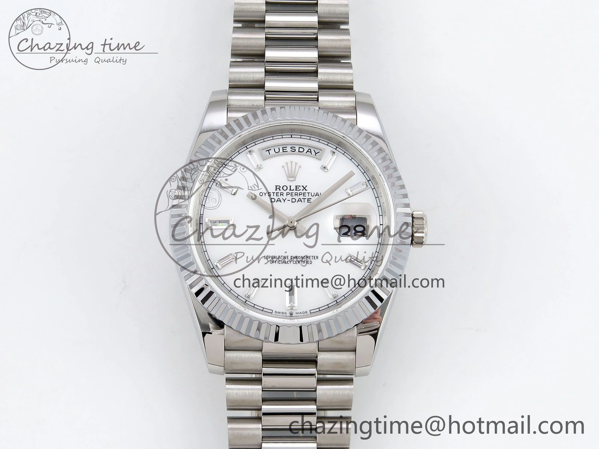 DayDate 40 SS JDF 904L Steel White MOP Crystal Dial on President Bracelet VR3255 V3 (Gain Weight)