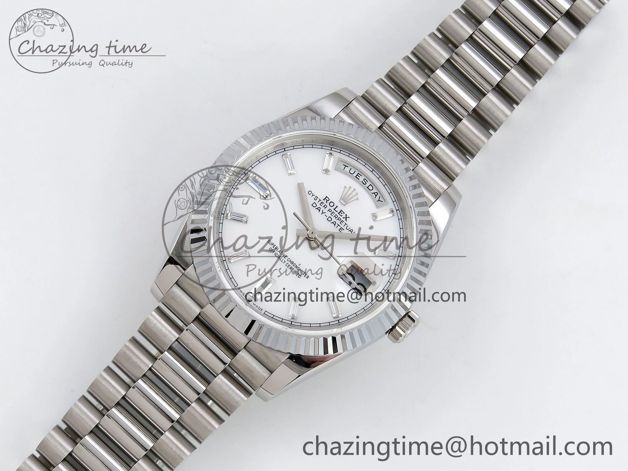 DayDate 40 SS JDF 904L Steel White MOP Crystal Dial on President Bracelet VR3255 V3 (Gain Weight)