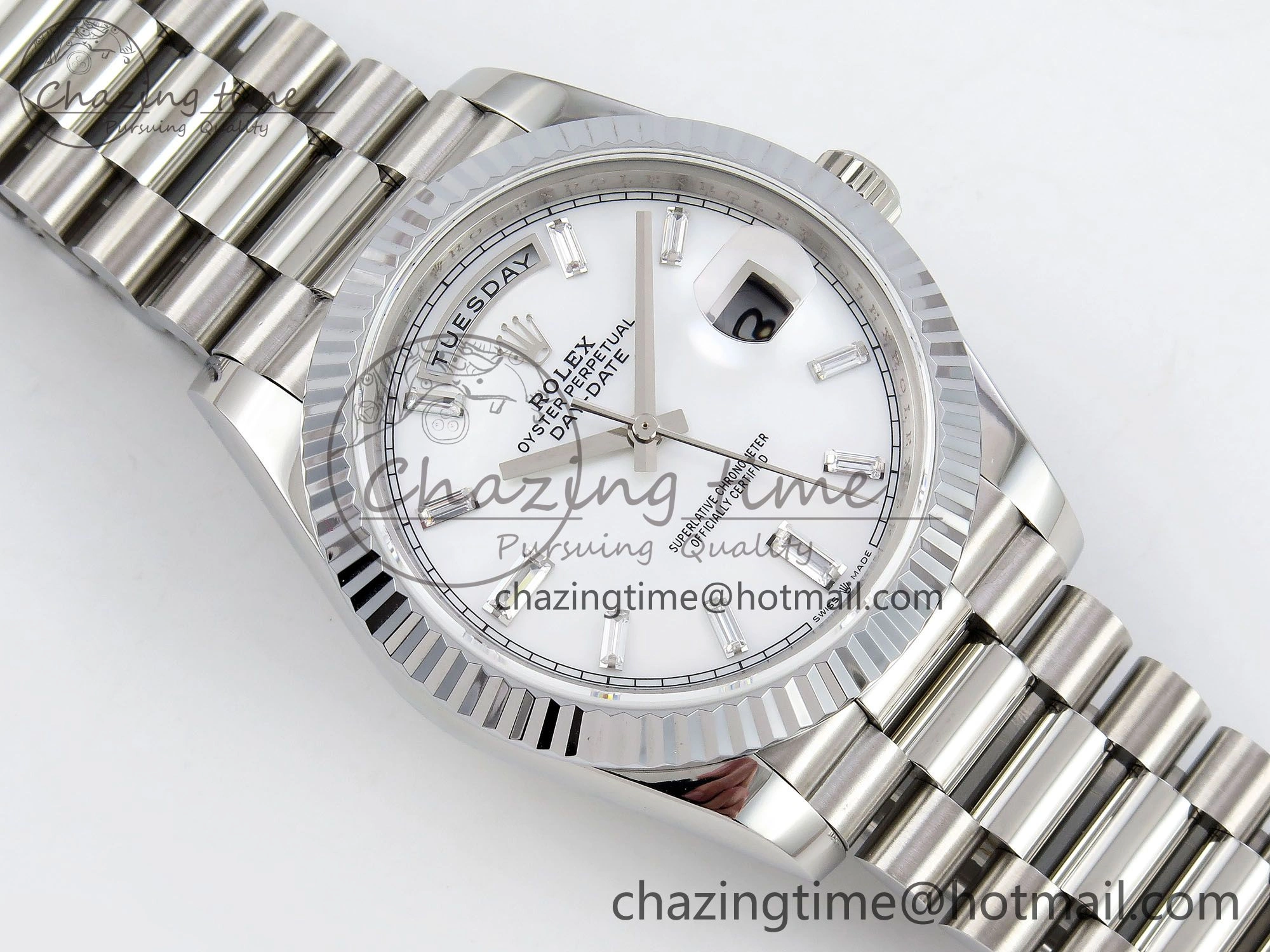 DayDate 40 SS JDF 904L Steel White MOP Crystal Dial on President Bracelet VR3255 V3 (Gain Weight)