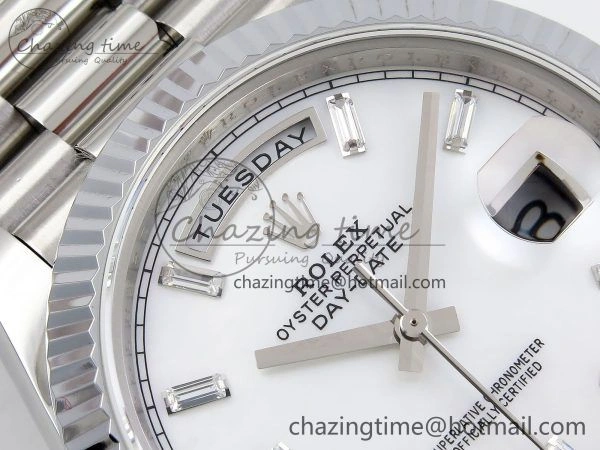 DayDate 40 SS JDF 904L Steel White MOP Crystal Dial on President Bracelet VR3255 V3 (Gain Weight)
