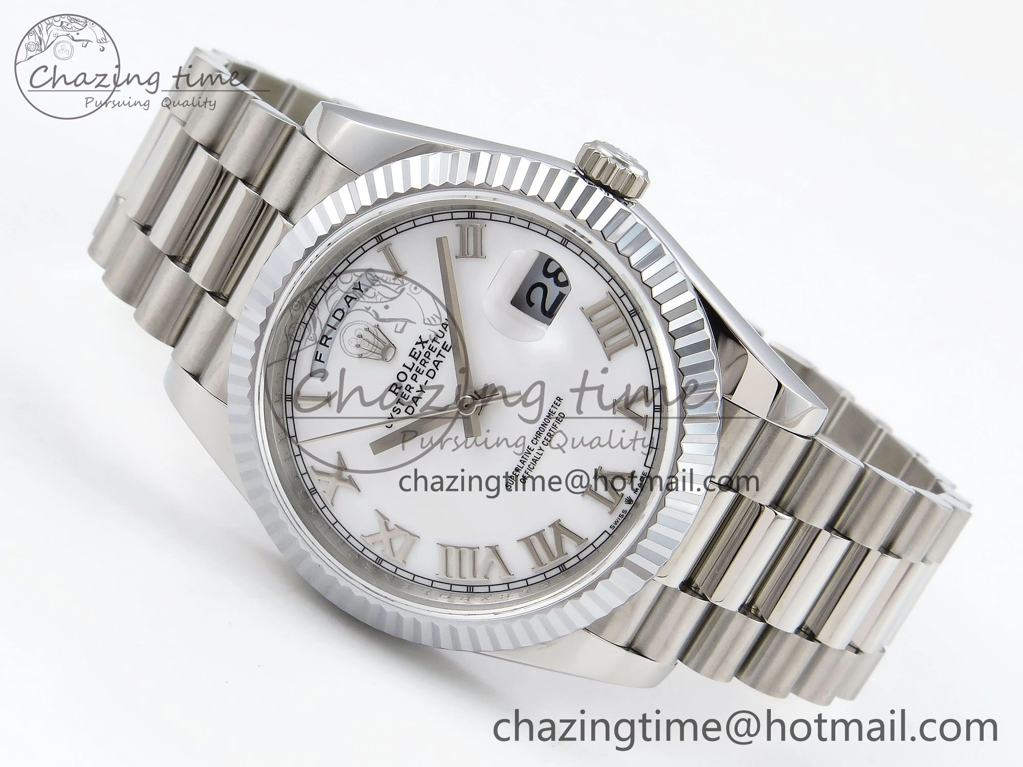 DayDate 40 SS JDF 904L Steel White Roman Dial on President Bracelet VR3255 V3 (Gain Weight)