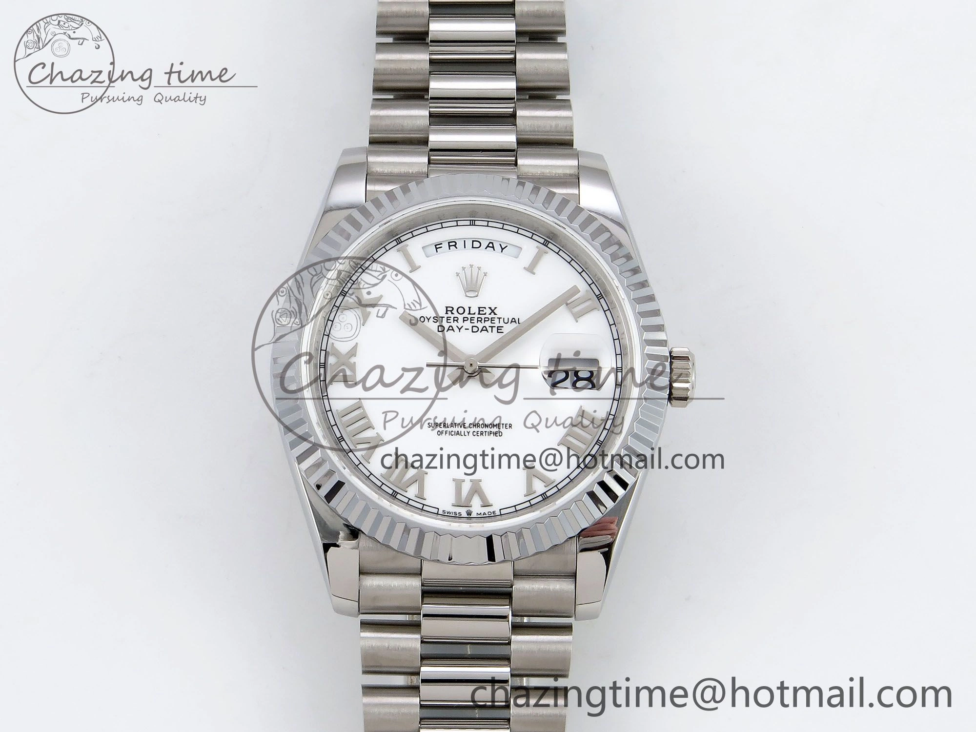 DayDate 40 SS JDF 904L Steel White Roman Dial on President Bracelet VR3255 V3 (Gain Weight)