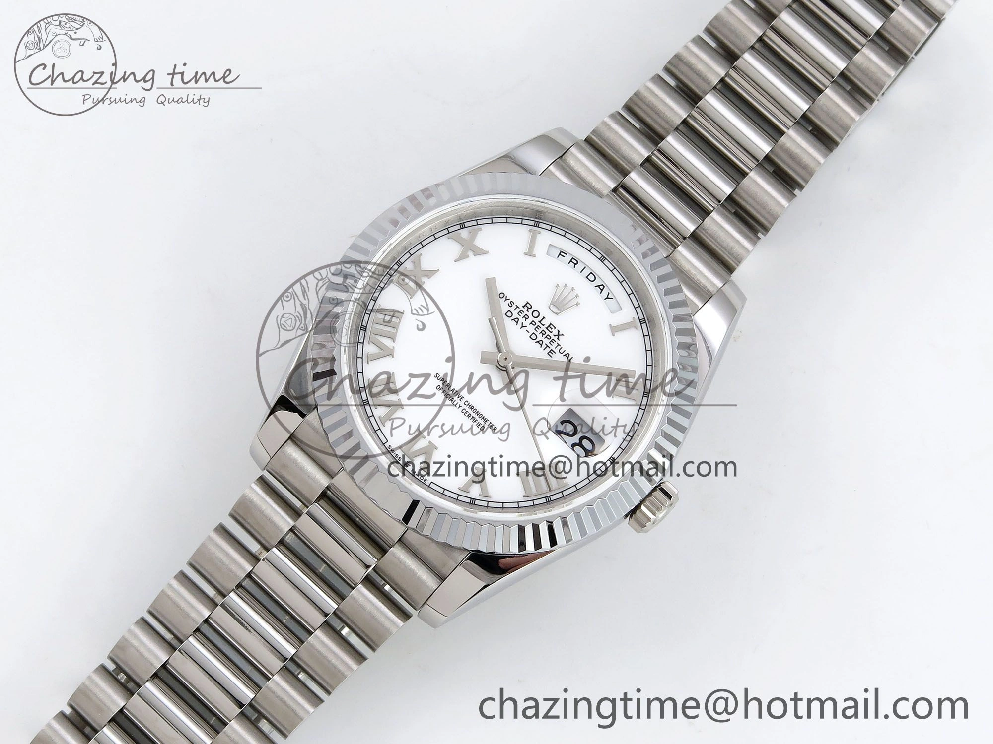 DayDate 40 SS JDF 904L Steel White Roman Dial on President Bracelet VR3255 V3 (Gain Weight)