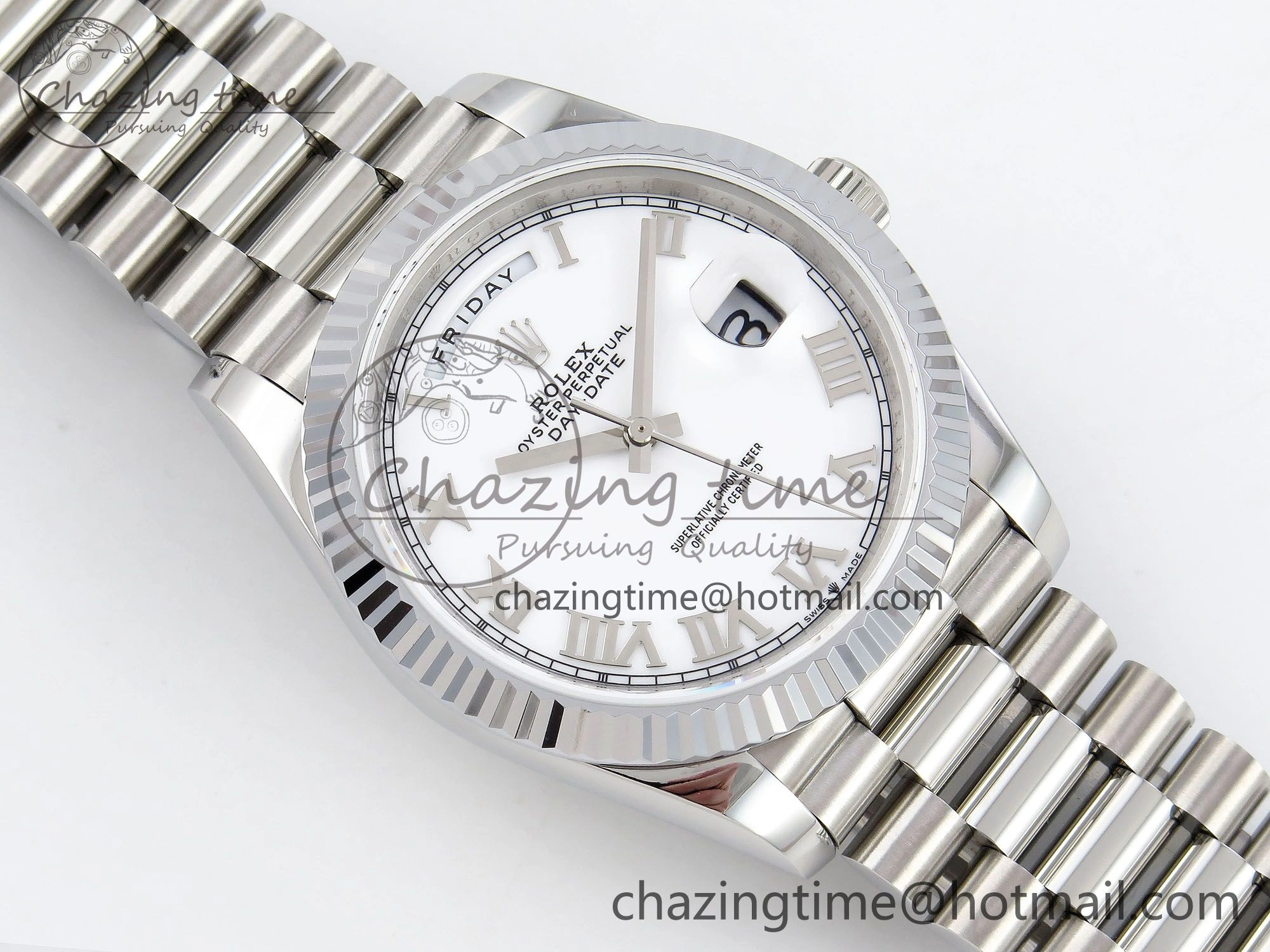 DayDate 40 SS JDF 904L Steel White Roman Dial on President Bracelet VR3255 V3 (Gain Weight)