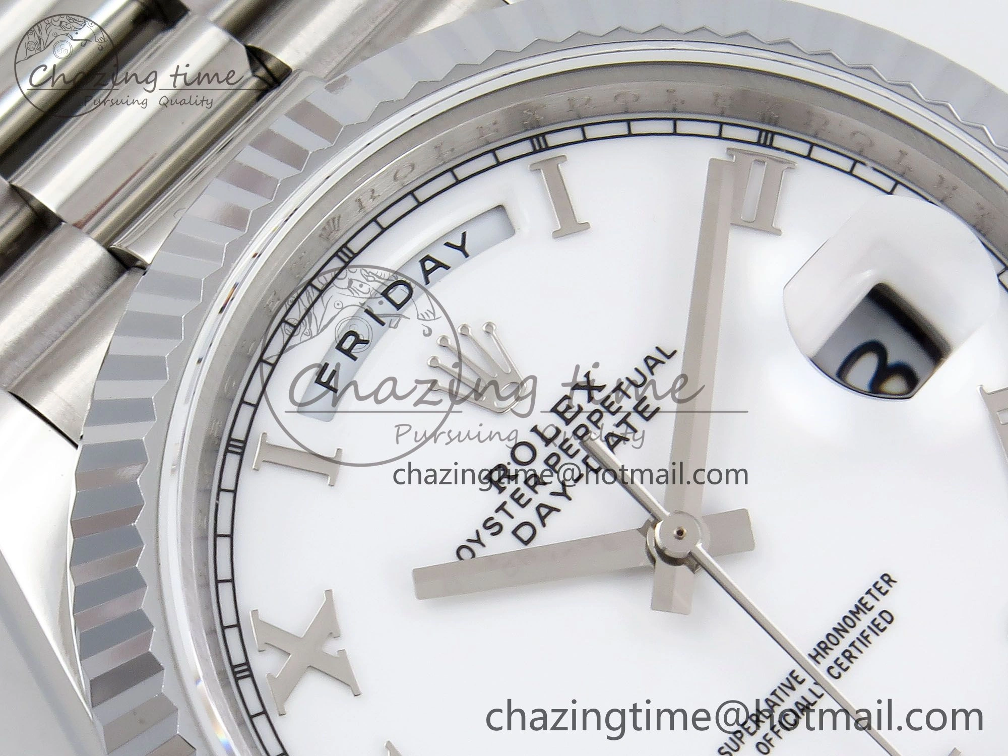 DayDate 40 SS JDF 904L Steel White Roman Dial on President Bracelet VR3255 V3 (Gain Weight)