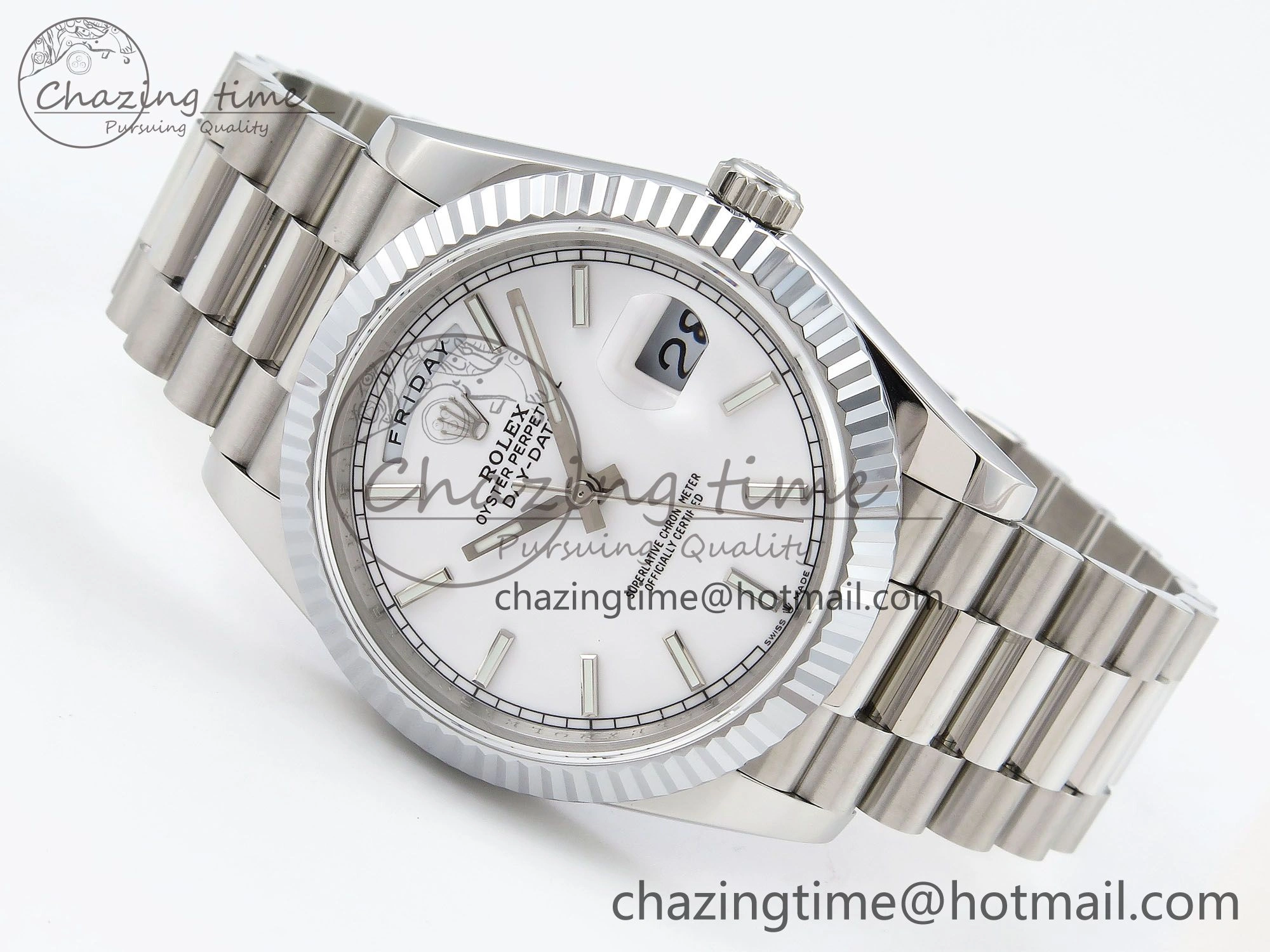 DayDate 40 SS JDF 904L Steel White Stick Dial on President Bracelet VR3255 V3 (Gain Weight)